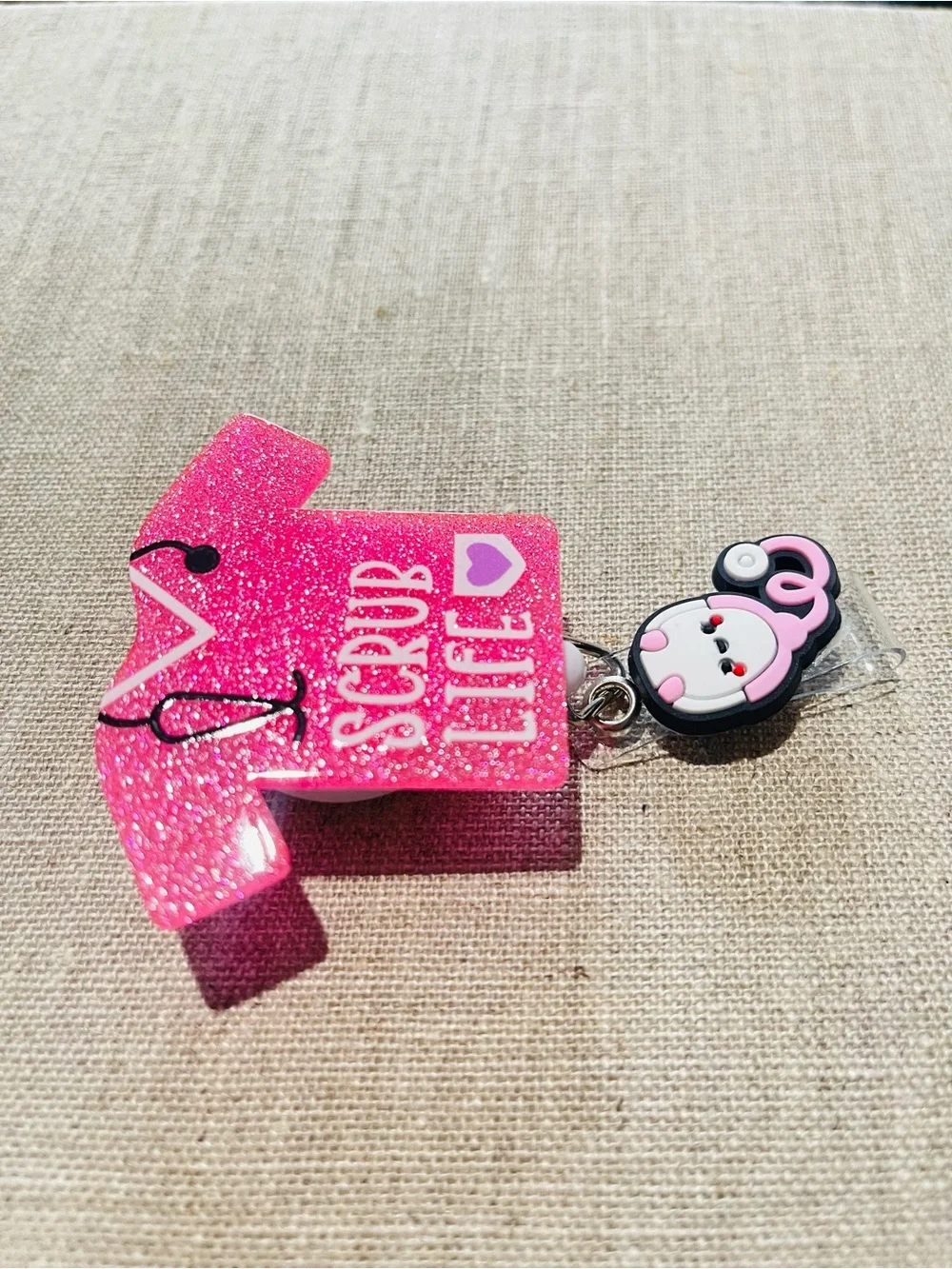 Pink 'Scrub Life' Nurse Badge Retractable Reel with Stethoscope Charm